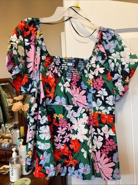 Old Navy Black Floral Smocked Top with Multicolor Flowers